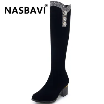 

2019 New Winter Women Shoes Knee-High Boots Round Toe Square Heels Zipper Buckle Short Plush Warm Fashion Delicate crystal boots