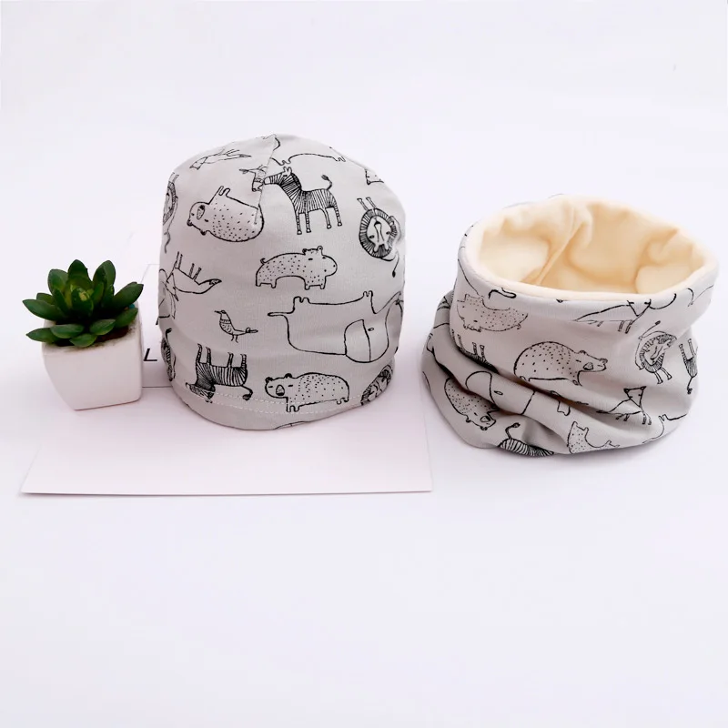 Autumn Baby Cap Set Cartoon Children Head Cover Spring Warm Neck Collar Kids Beanies Neckerchief Set Cotton Hat Scarf Two Piece - Цвет: plush animal C