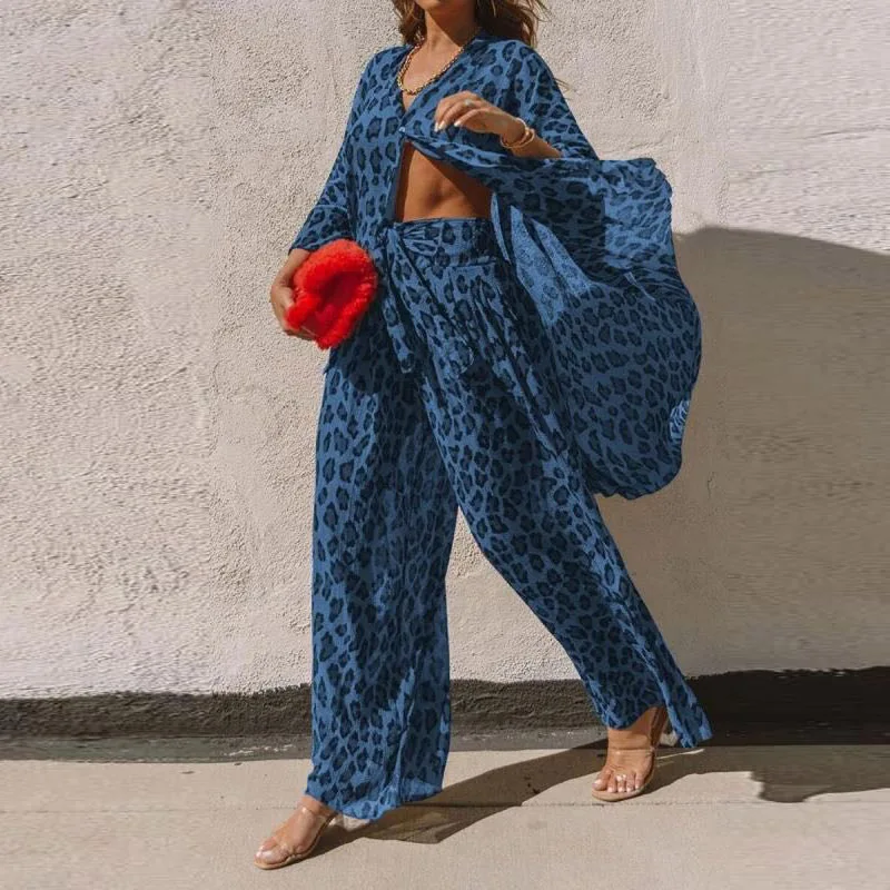 

Summer Women Two Piece Sets Fashion Elegant Leopard Tops Wide Leg Pants Suits Spring Long Sleeve Button Shirt Street Outfits