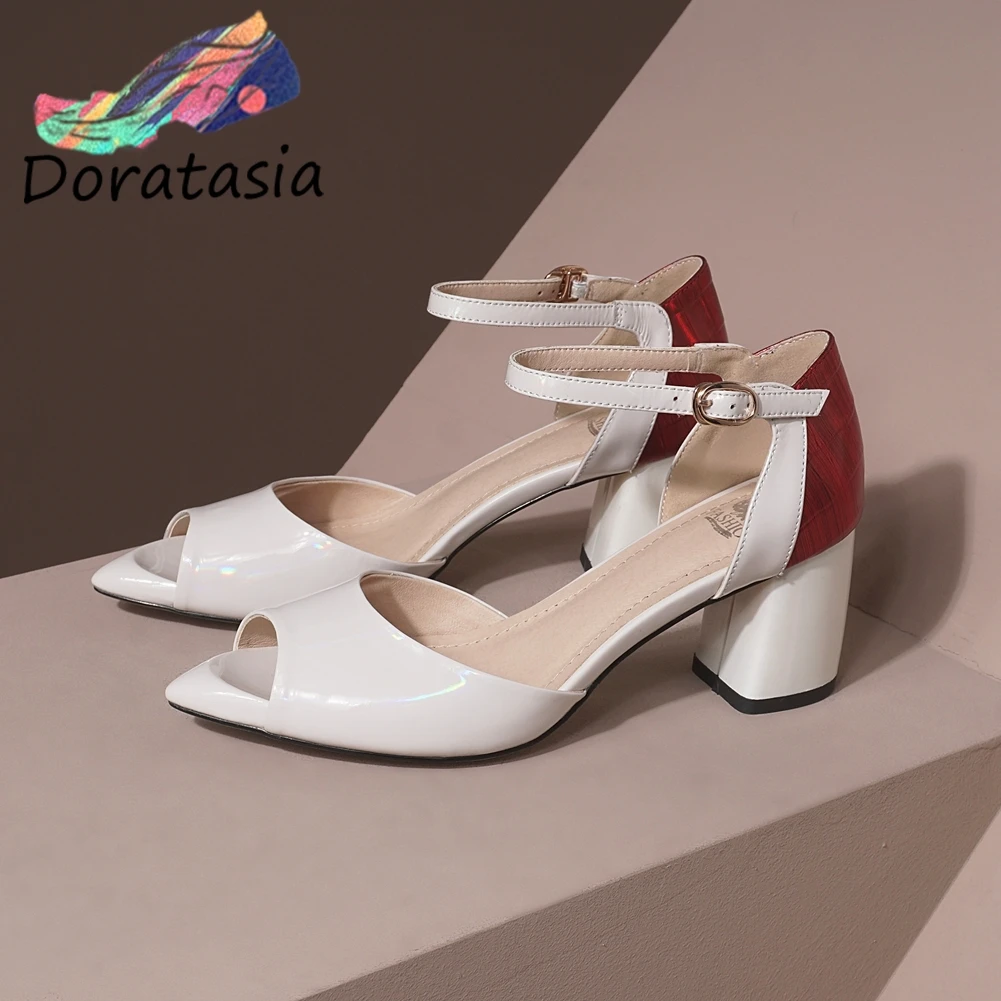 

DORATASIA Elegant Shallow Ol Shoes High Heels Date Sandals Women Summer Concise mixed-color Patent Leather Sandals