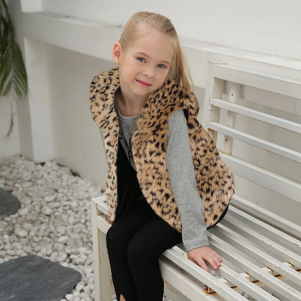 Baby Leopard Faux Fur Warm Clothing Girls Winter Waistcoat Children Outwear Fleece Vest Coat Autumn Jacket For Kid Thick Clothes