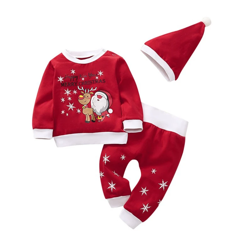 

Christmas Costumes Baby Clothes Autumn Girl Boy Long Sleeve Cartoon Print Blouse Tops+Pants+Hat Costume Set 3PCS