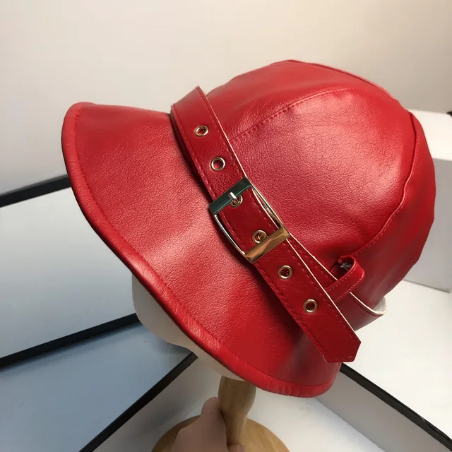 New Pu Leather Women Bucket Hat Autumn 