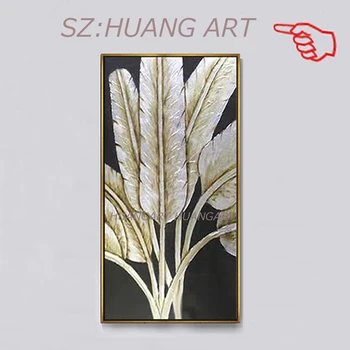 

New Design 100% Hand Painted Gold Foil Feather Art Oil Painting Wall Decor Fine Paintings Unframed Pictures Artwork For Decor