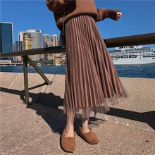 Женские Лоскутные сетчатые золотистые бархатные юбки, двухслойные, Осень-зима, женские Макси плиссированные юбки, двухсторонняя кружевная юбка