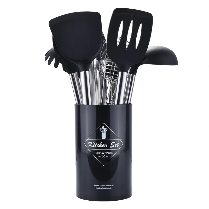 Black 9PCS Новинка, силиконовая ложка для приготовления пищи из нержавеющей стали, ковш-шпатель для яиц, кухонные инструменты, набор посуды для приготовления пищи, красный, черный - Цвет: Black 9PCS