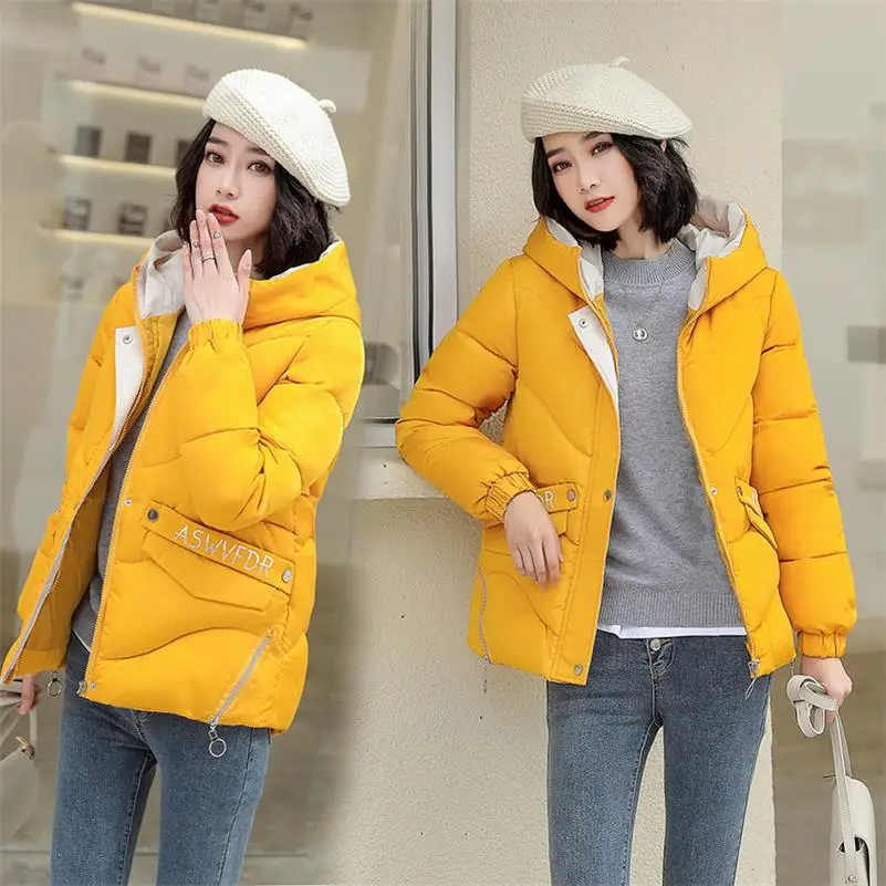 Осенне-зимняя короткая куртка для женщин, пальто, модная женская теплая куртка с капюшоном, Женская парка, повседневное пальто размера плюс, куртка-парка - Цвет: Цвет: желтый