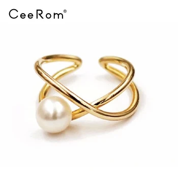 

CeeRom Crossed Lines Rings For Women Imitation Pearl Gold Color Copper Finger Ring Fashion Jewelry Dropshipping Bagues Anillos