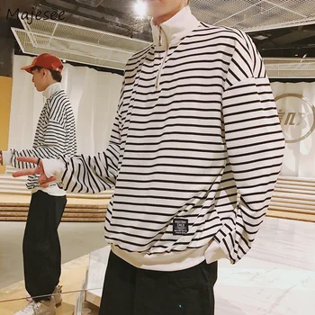 

Hoodies Men Striped Turtleneck Simple All-match Korean Style Students Pullovers Mens Harjauku Retro Autumn Leisure Sweatshirts