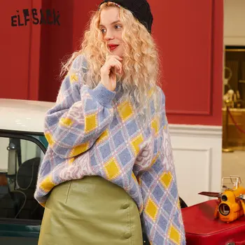 

ELFSACK Pink Patchwork Argyle Korean Style Women Knit Pullovers Sweaters 2020 Winter Blue Lantern Sleeve Casual Female Basic Top