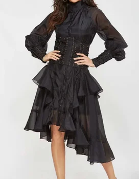 

High Quality Women Dress Elegant Lantern Sleeve 3 Colors Black Pink Blue Fashion Dresses Vintage Dress XS-XL