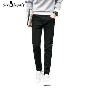 

Autumn New Pure Black Cowboy Jeans Men's Winter Denim Straight Full Length Pants Slim Fit Men's 2019 Fashion Pencil Trousers Hot