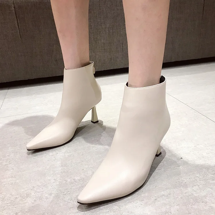 

Med Heel Boots Women's Shoes Autumn Bootee Woman 2019 Luxury Designer Zipper Ankle Rubber Fashion Pointy Basic PU Thin Heels