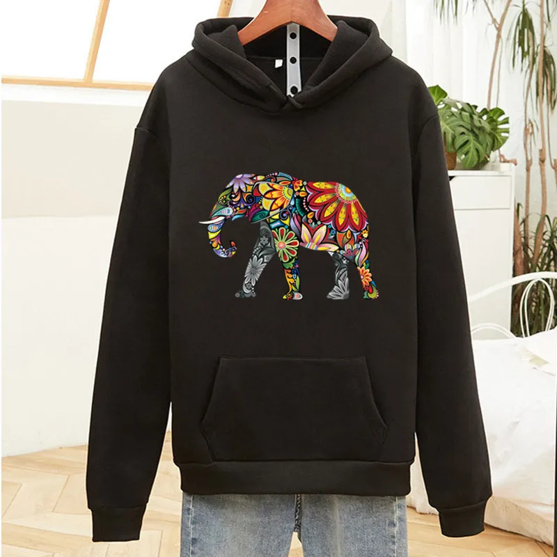 

2020 Autumn Women Hoodies Oversized Print Colorful Elephant Pocket Sweatshirts Hooded Harajuku Casual Korean Pullovers Tops