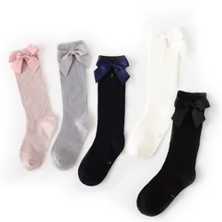 Yk sólido crianças meias com arcos de algodão bebê meninas meias crianças macias meias longas para crianças princesa joelho meias altas para meninas