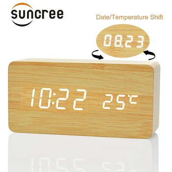 

FiBiSonic Wooden Digital LED Dlarm Dlock Temperature+Date+Time Sounds Control Electronic Desk Table Clock