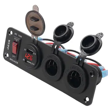 

4 in 1 Switch Panel Dual USB Fast Charging Digital Display Voltage Meter Double Cigarette Lighter Socket for Auto Yacht
