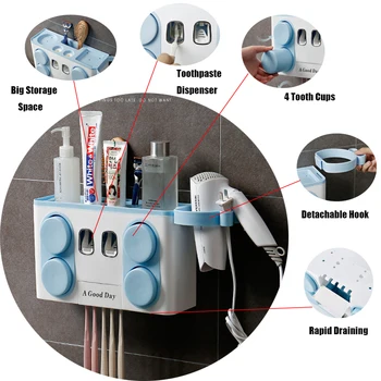 

Modern Home Multi-function Bathroom Accessories Sets Double Position Toothpaste Dispenser Tooth Cup Toothbrush Rack Towel Holder