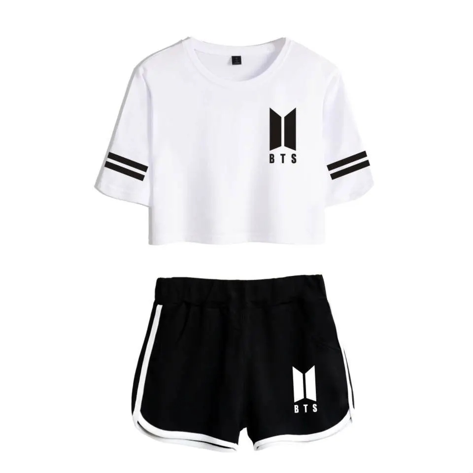 

Cross-border for BTS related new album New style women's spring-summer casual set bare midriff shorts set
