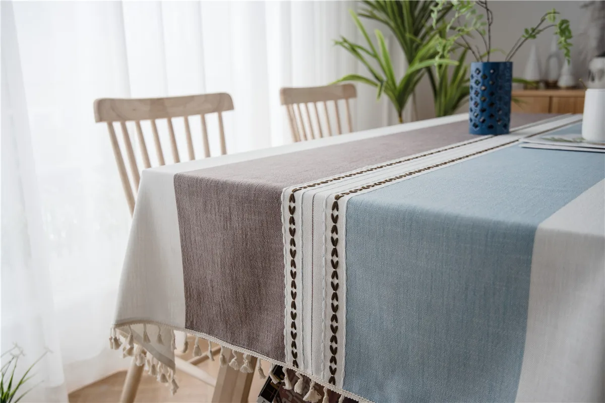 Stripe Cotton Linen Geometric Table Cloth Lace Tablecloth Rectangle Christmas Tea Table Cloth Table Cover Lace Tassel