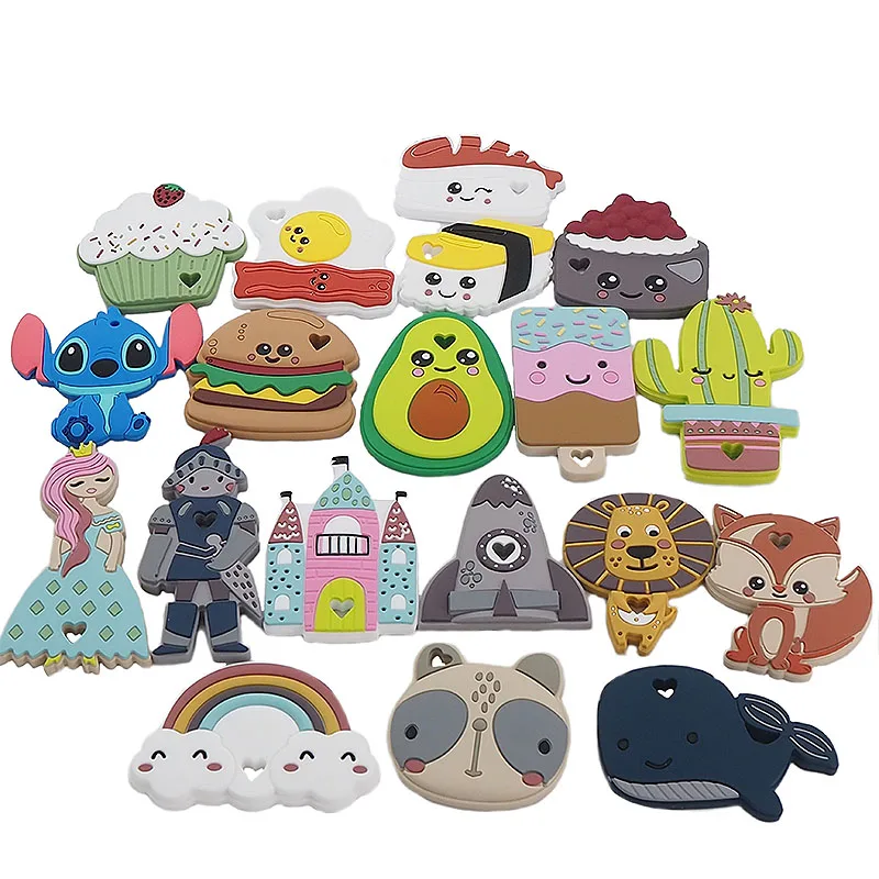 Chenkai 10 pièces Silicone dentition princesse soldat Lion château fusée Sushi arc-en-ciel gâteau renard dentition bricolage bébé factice accessoire (lot de 10)