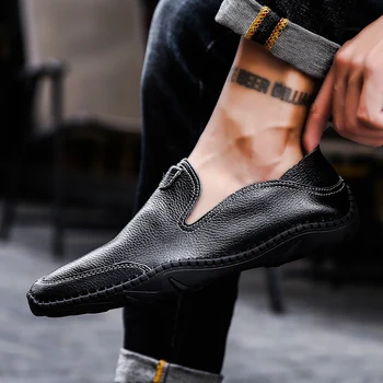 

men Breathable Shoes Genuine Leather Loafers Brand Design Handmade sewing Men Flats Soft Moccasins Boat Shoes men big size 47 L4