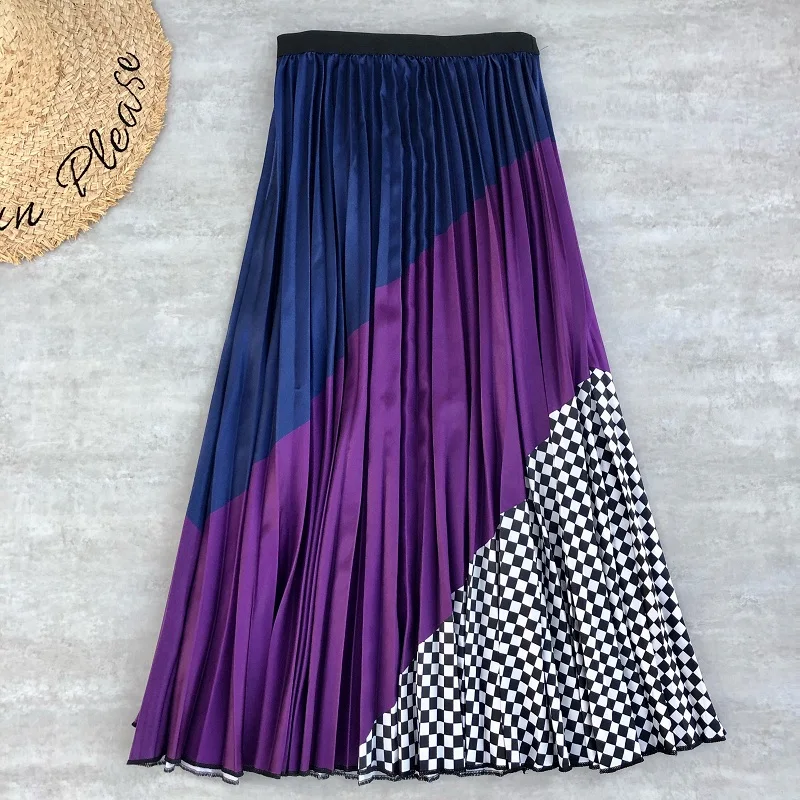 twill purle Srping/летние женские юбки с мультяшным принтом, плиссированная юбка миди с цветочным рисунком, высокая эластичность, Jupe Femme, зеленые юбки размера плюс - Цвет: twill purle