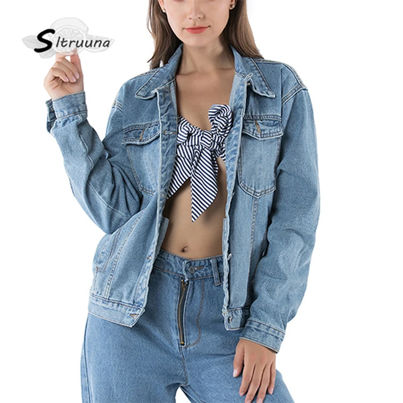 

SItruuna 2019 women autumn Solid Turn-down Collar Jean denim Jacket ladies Loose Casual three colours Coats Female outwear