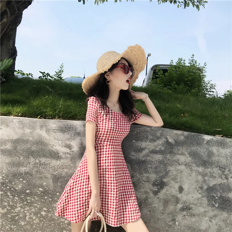 

Photo Shoot 2018 Summer WOMEN'S Dress Elegant Charade Backless Retro Red And White Plaid Dress Short Skirt