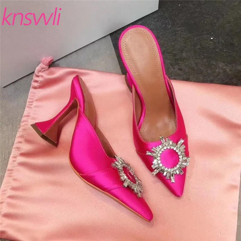 Knsvvli Sun Flowers Rhinestone Buckle Slippers Women Pointed Toe Satin Mules Shoes Women Wine Glass Heels Runway Shoes Woman - Color: rose red