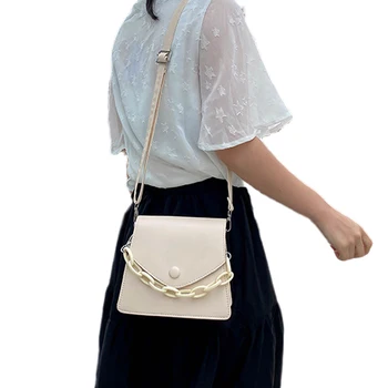 

Women Shoulder Bags Solid Color PU Leather Personalized Chain Decoration Square Crossbody Messenger Bag for Dating