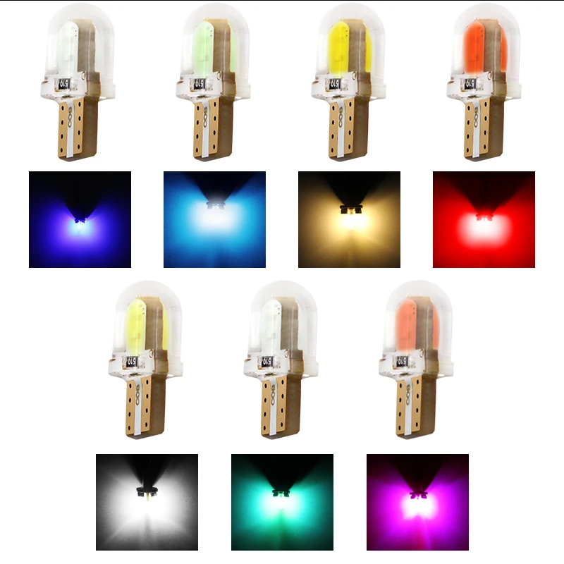 1/2 10 шт Автомобильный светодиодный свет T10 W5W 12V Led приборный кластер силиконовый Cob 2W Автомобильный плафон внутреннего освещения лампа Янтарный Желтый Оранжевый Красный Белый