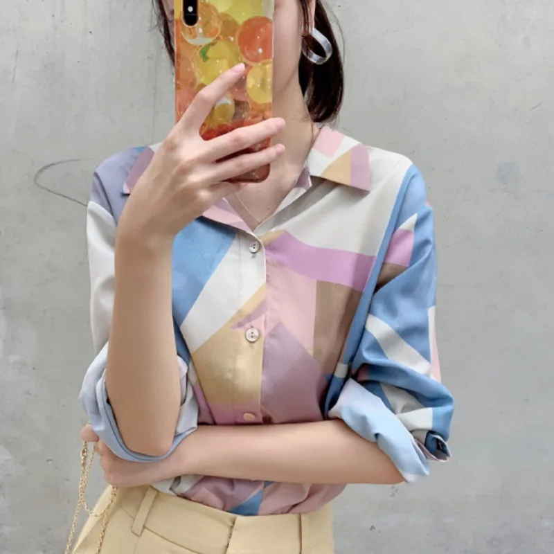 Шифоновая блуза с принтом Харадзюку, корейская модная повседневная рубашка, осенние Рубашки с длинным рукавом и отложным воротником, женские блузы, топы