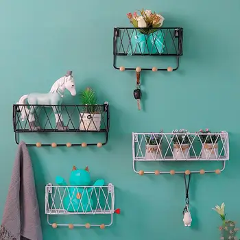

1pc Metal Wood Wall Mount Storage Shelf Rack Hanging Basket with Hooks Book Key Bag Holder Racks Home Storage Organizer