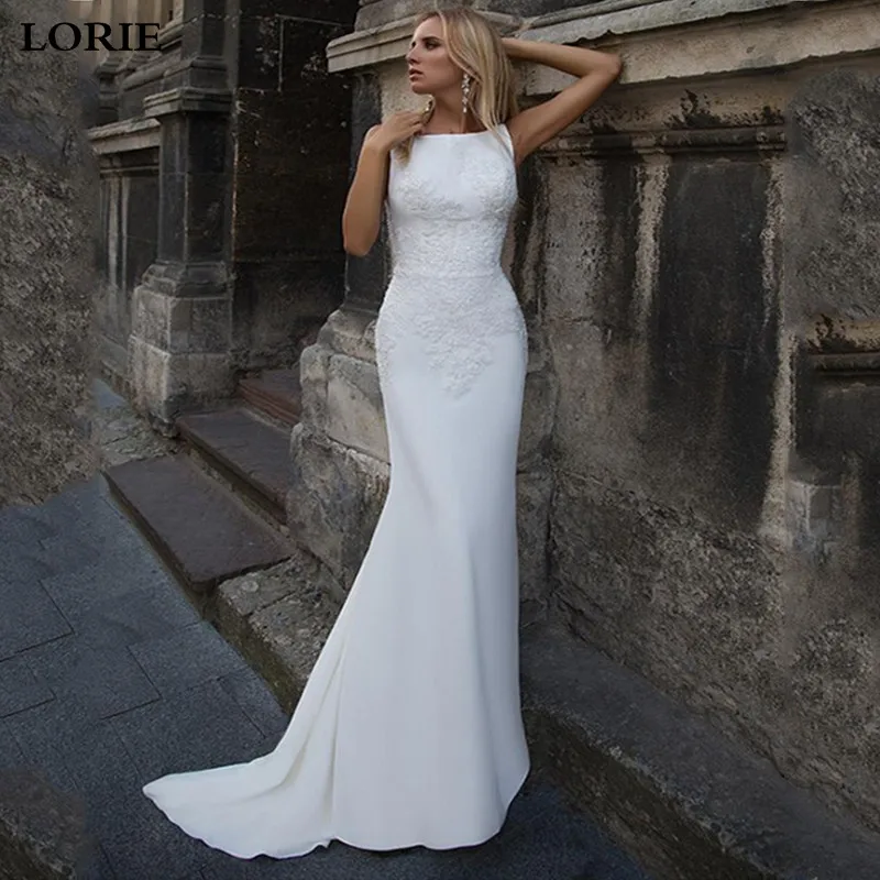 

LORIE Mermaid Wedding Dresses 2020 Soft Satin Appliques Lace Beach Bride Dress Sexy Back Wedding Gown Hot Sale