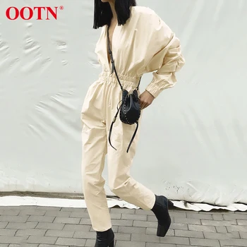 

Ootn Women'S V Neck High Waist Jumpsuits Straight Elastic Waist Women Rompers Lantern Sleeve Jumpsuits Sexy High Street Bodysuit
