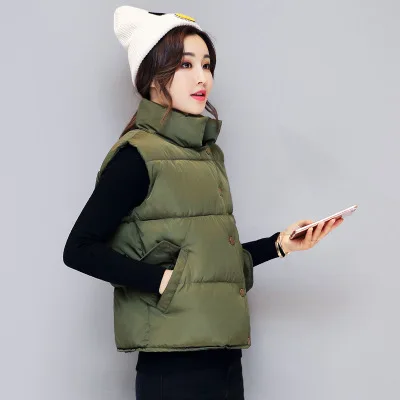 Dark green Зимний женский жилет, куртки, пальто, однобортный Повседневный однотонный теплый хлопковый ватный жилет, женский ветрозащитный жилет - Цвет: Dark green
