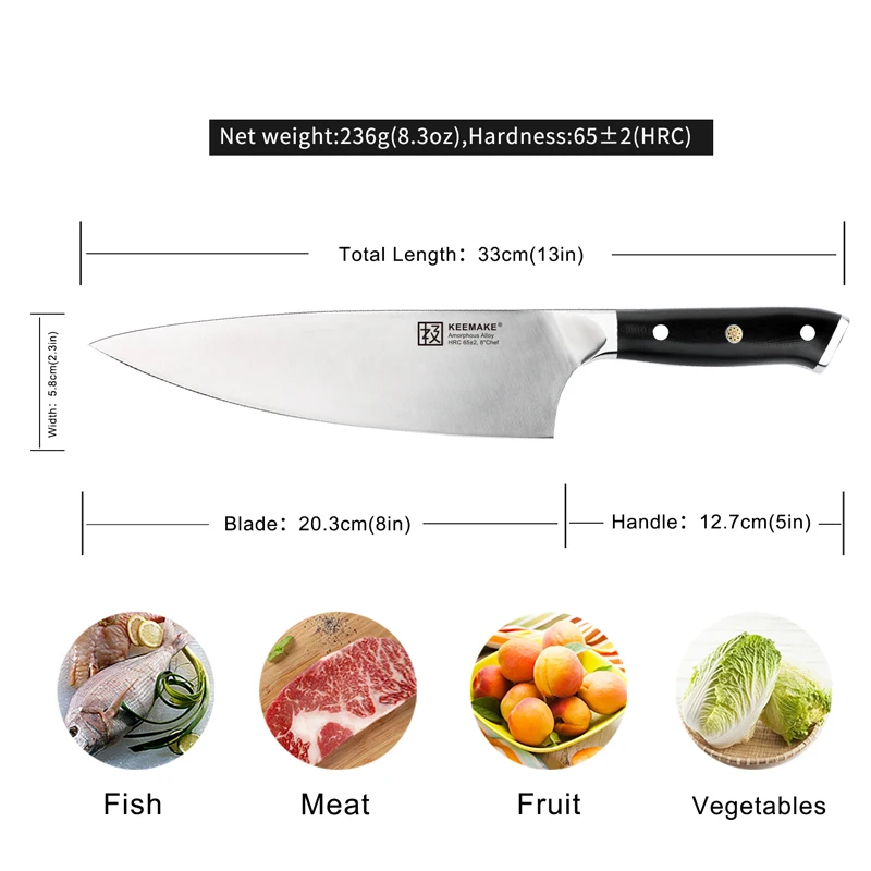 SUNNECKO 8 дюймов нож шеф-повара кухонные ножи Жидкий металл сталь 65HRC сильная твердость G10 Ручка Высокое качество шеф-повара инструменты для резки мяса
