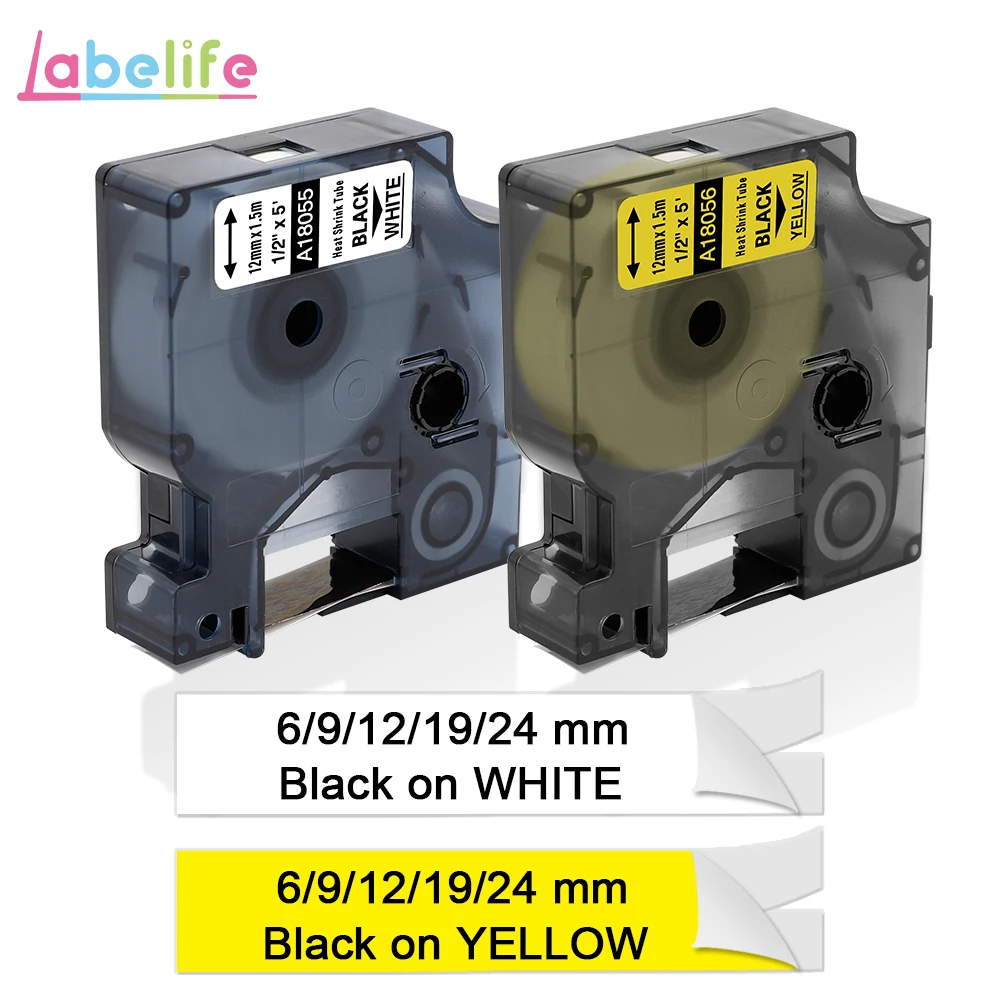 Labelife 1 шт. DYMO Rhino 18055 6/9/12/19/24 мм черно белые промышленные термоусадочные трубки IND