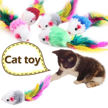 

Mini Funny Cat Interactive False Colorful Feather Plush Mouse Kitten Mice Playing Toy Sound Squeaky Random Multicolor Supplies