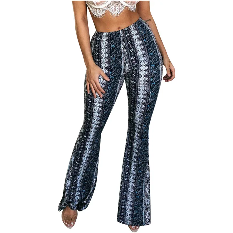 

2019 New Boho Summer Women's Stretch Bell Bottom Trousers Ladies Slim Printed Flared Pants High Waist Fashion Women Long Pants