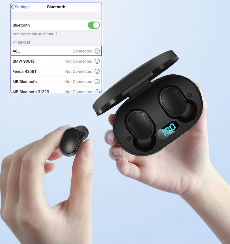 Original A6l Tws Earphone Bluetooth Wireless V5 0 Noise Reduction Mini Headset Digital Display Earbud Waterproof with Microphone