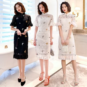 

Summer Lace Cheongsam Dress Short Sleeve Vestidos Vintage Slim Traditional Chinese Women Party Qipao Dress S-2XL