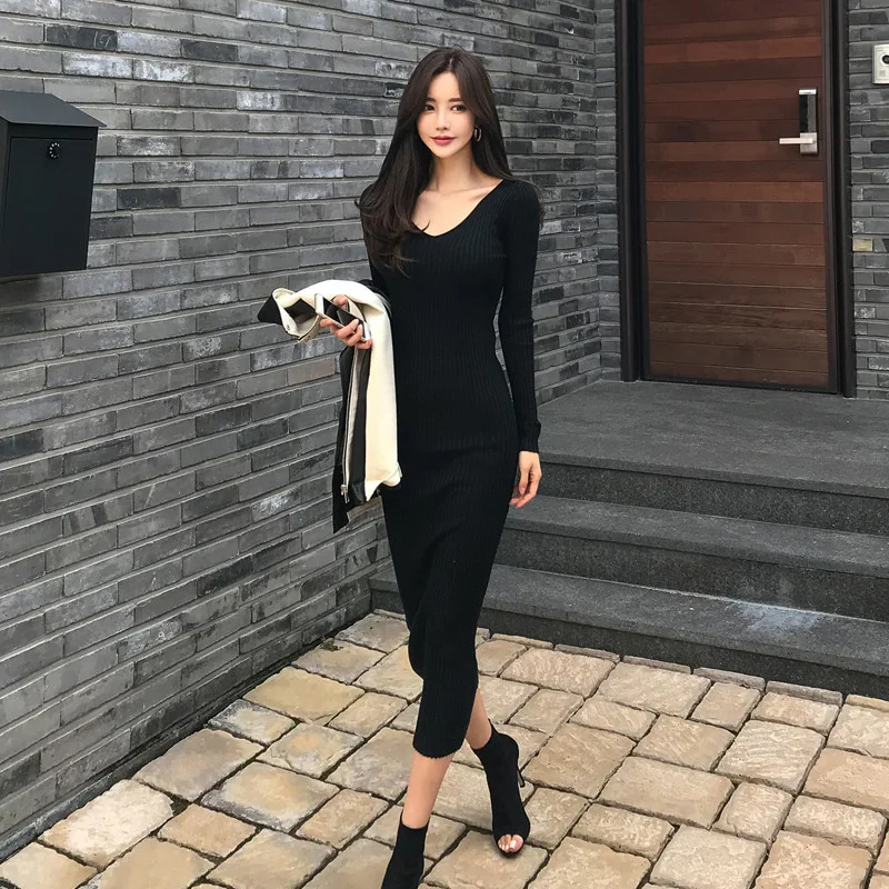 

WOMEN'S Dress 2019 Autumn And Winter New Products Korean-style V-neck Tight-Fit Medium-length Elasticity Knit Base Skirt Dress