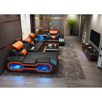 

Multifunctional led light music player USB combination living room sofa set genuine leather sofa chaise