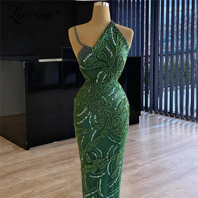 Green Beaded Party Dresses Couture Arabic Floor Length Kaftans Evening ...