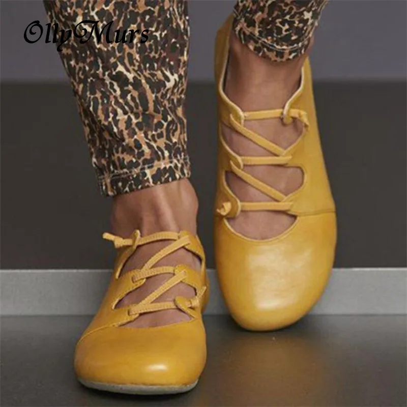

OllyMurs 2020 PU Leather Flat Shoes Woman Hand-sewn Leather Loafers Cross-tied Spring Casual Shoes Women Flats Women Shoes