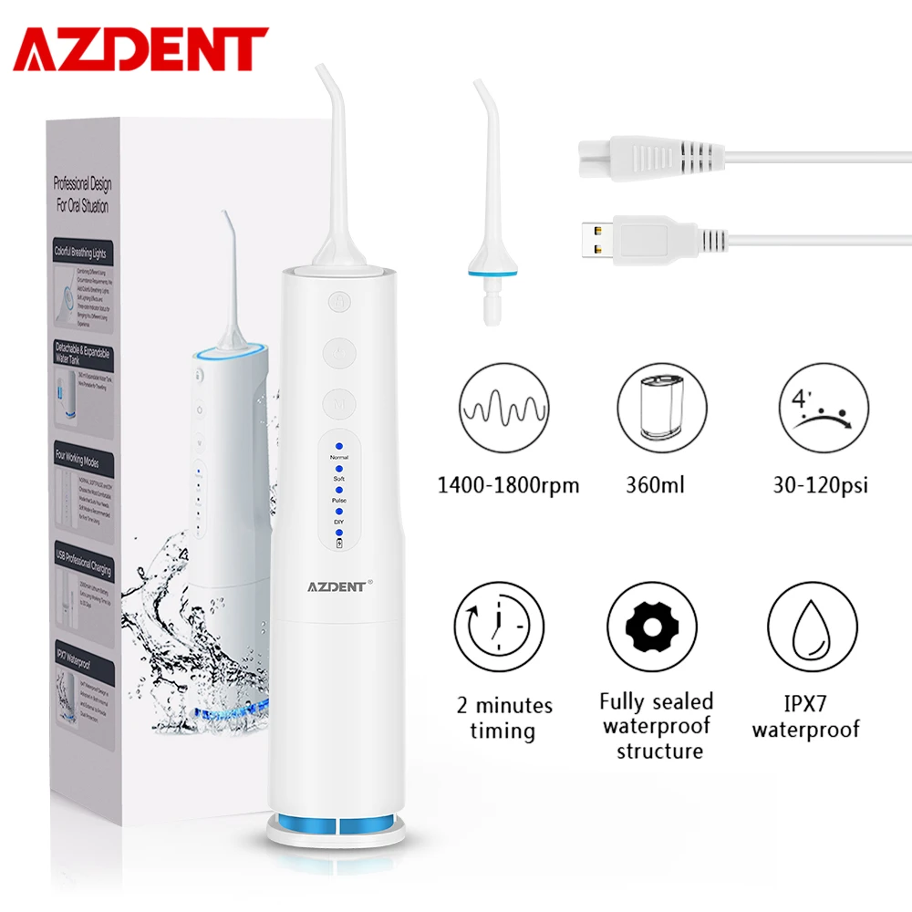 AZDENT Oral Irrigator 4 Modes USB Rechargeable Water Dental Flosser Cordless Portable Electric Teeth Cleaner 360ml Water Tank