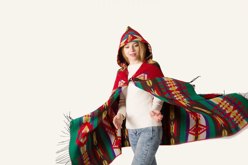 Boho Ethnic Style Hooded Shawl Autumn And Winter Christmas Novelty Horns Buckle Ethnic Style Hooded Cape Shawl Scarf