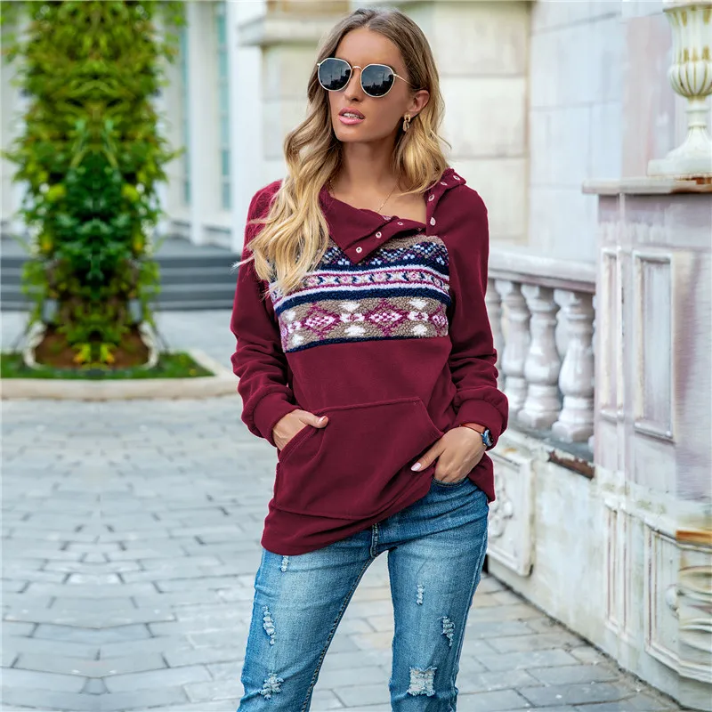 

Oversize Sweatshirts Women Loose Pocket Front Print Sweatshirts Autumn Casual Long Sleeve Turtleneck Button Pullover Tops